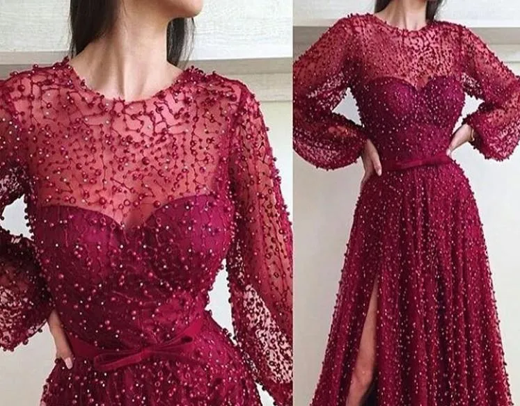 Burgundy Long Sleeves Tulle Side Slit Prom Dresses Sequin Evening Dresses Prom