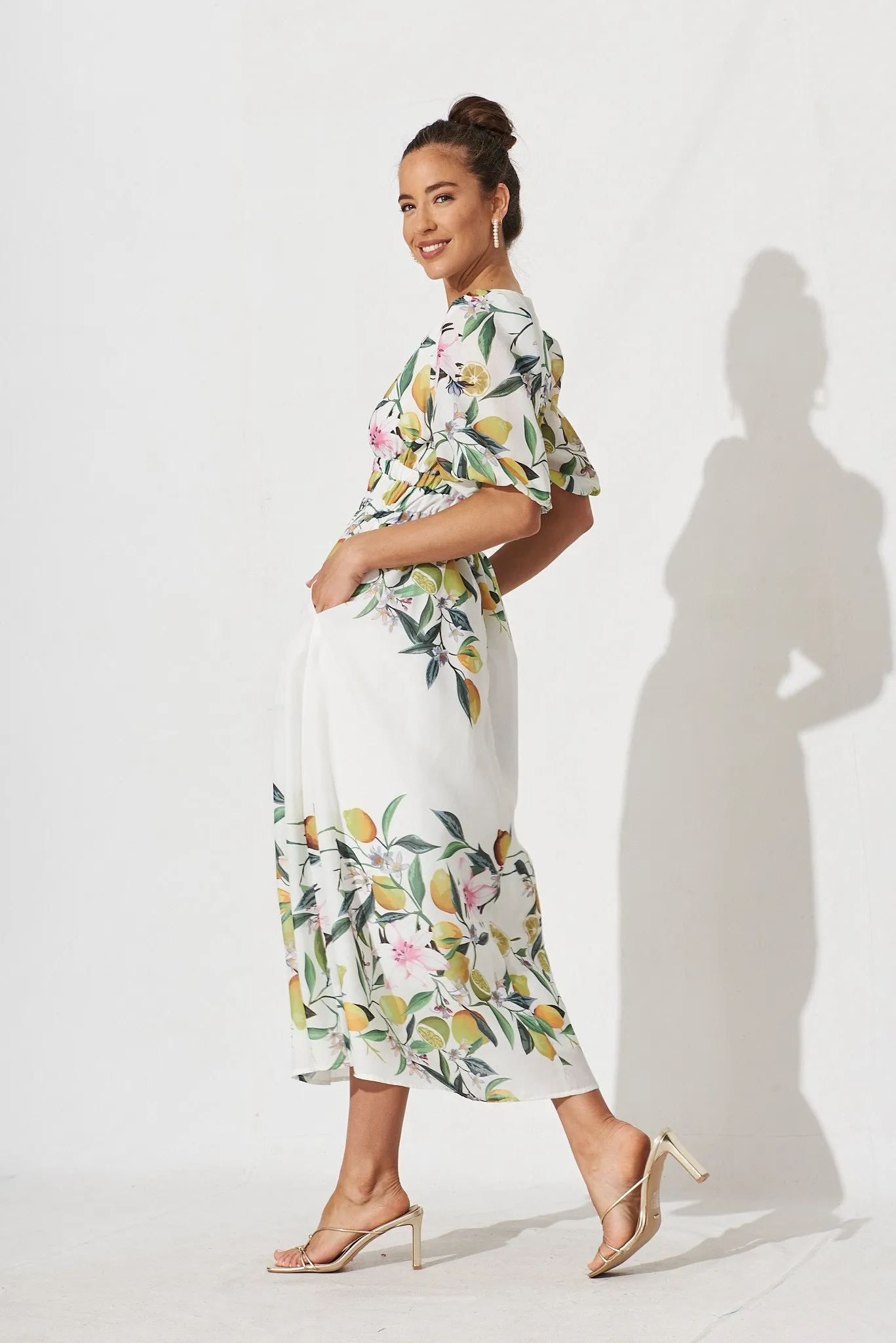 Camille Maxi Dress In White With Yellow Print