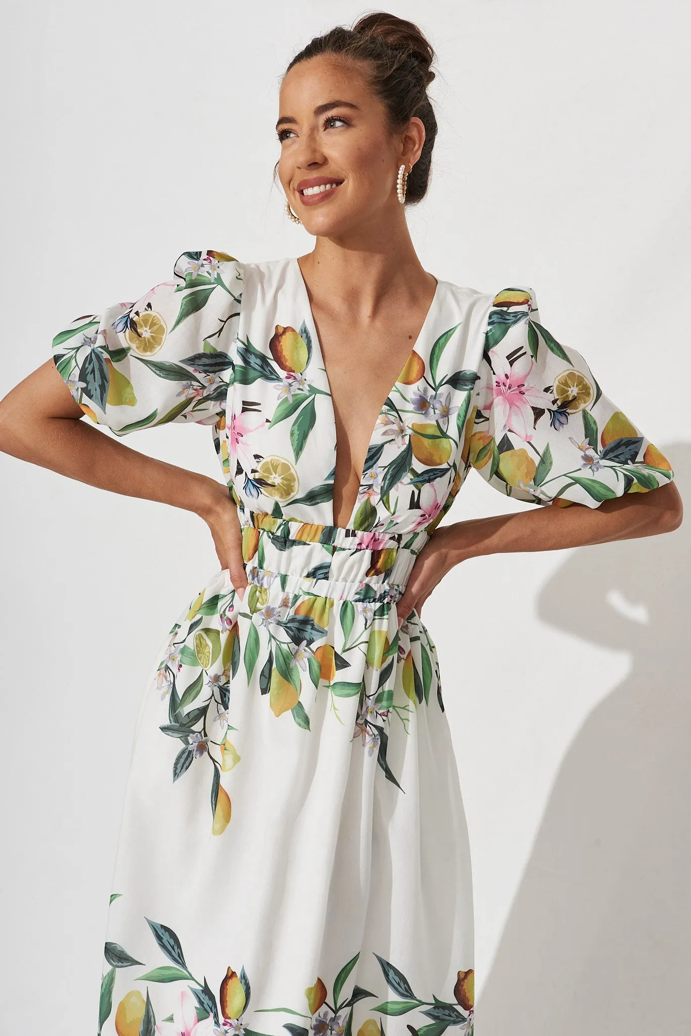 Camille Maxi Dress In White With Yellow Print