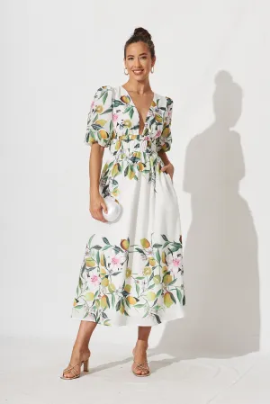 Camille Maxi Dress In White With Yellow Print