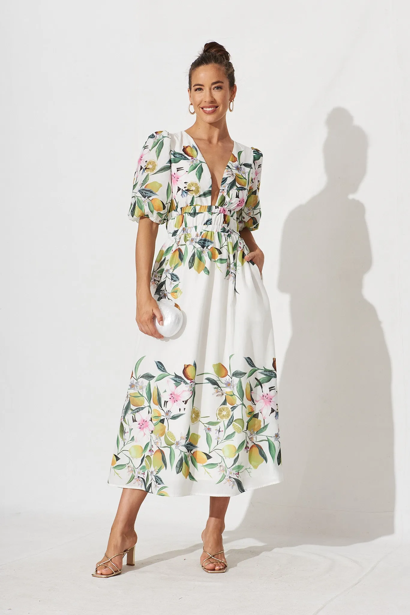 Camille Maxi Dress In White With Yellow Print