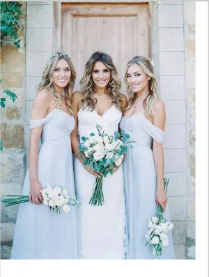Chiffon Princess Off Shoulder Bridesmaid Dresses With Short Sleeve