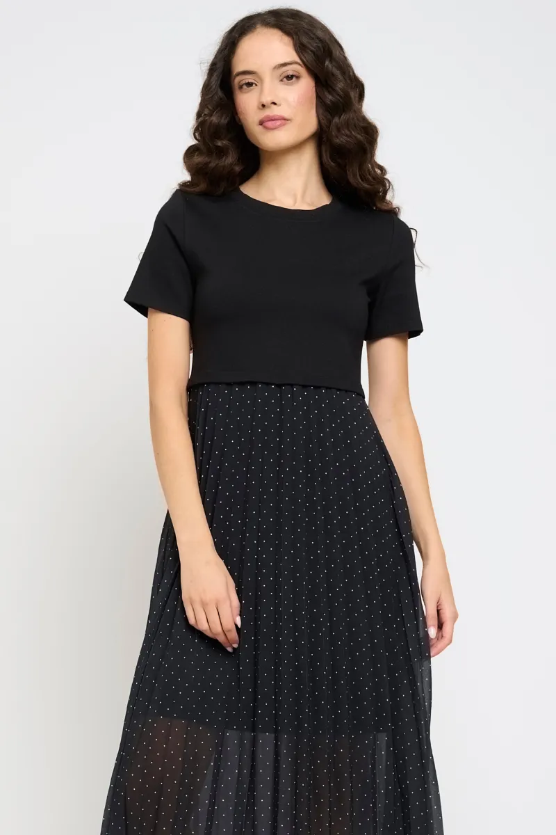 Pointe Dress with Pleated Georgette Bottom - Black Polka Dot