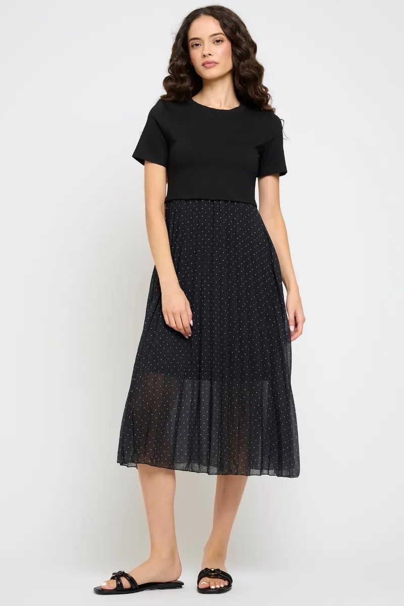 Pointe Dress with Pleated Georgette Bottom - Black Polka Dot