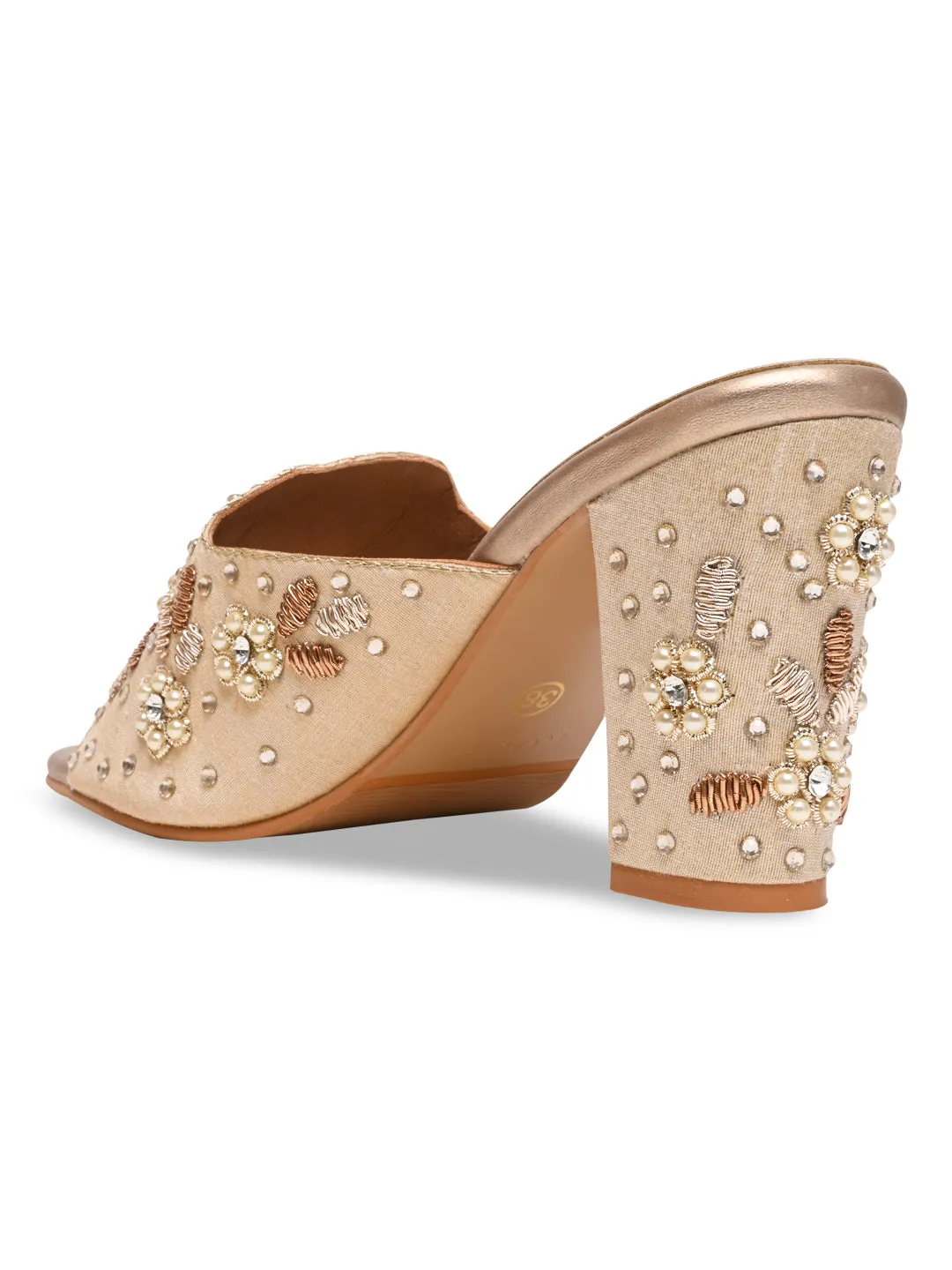 Rocia By Regal Gold Women Heavy Embroidered Block Heel Sandals