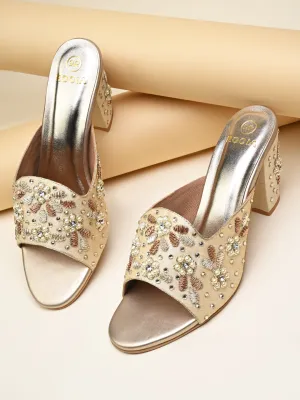 Rocia By Regal Gold Women Heavy Embroidered Block Heel Sandals