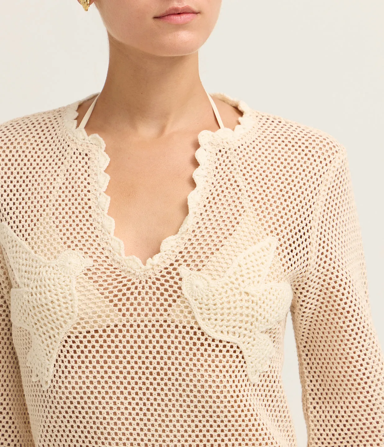 Sally Crochet Long Sleeve Dress in Tan