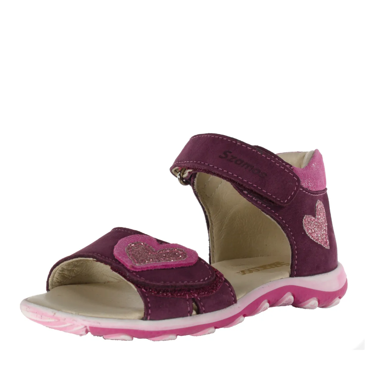 Szamos kid girl sandals in burgundy color and heart pattern double velcro strap little kid size