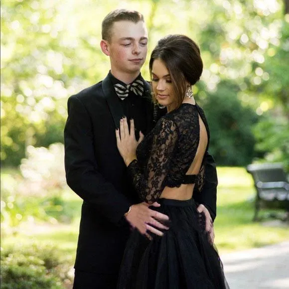 Two Pieces Black A-Line Long Sleeve O-Neck Long Prom Dresses  PG912